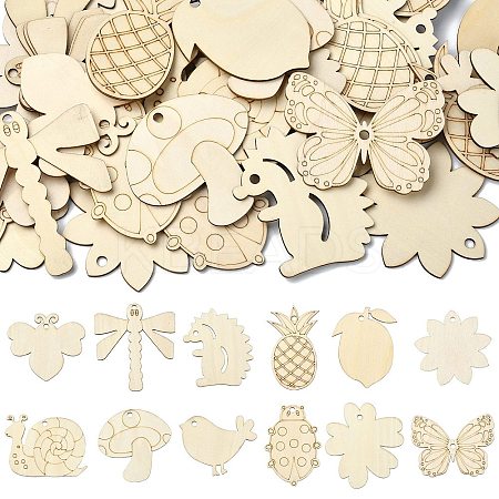 60Pcs 12 Styles Blank Wood Big Pendants WOOD-CJ0002-26-1
