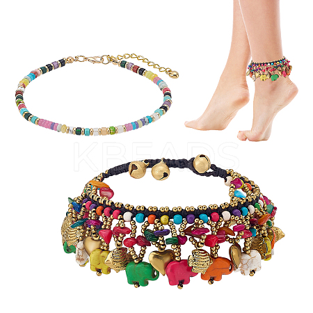 2Pcs 2 Styles Bohemian Gemstone Disc Heishi Beaded Anklets and Dyed Synthetic Turquoise Elephant Tassel Anklets for Women AJEW-PH0007-45B-1
