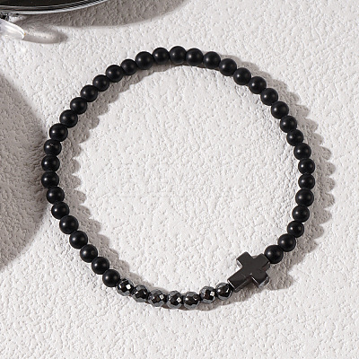 Synthetic Non-magnetic Hematite Cross & Black Stone Round Beaded Stretch Bracelets for Men ZI4844-1
