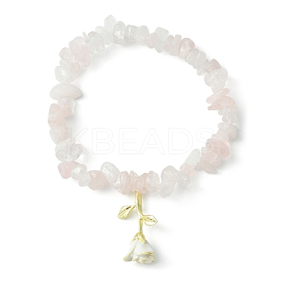 Natural Rose Quartz Chips Beaded Stretch Bracelets with Alloy Enamel Rose Charms BJEW-JB09561-02-1