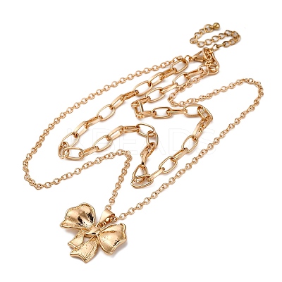 Alloy 2 Layer Bowknot Pendant Necklaces for Women NJEW-U013-01G-01-1