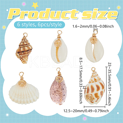 36Pcs 6 Styles Natural Mixed Shell Pendants PALLOY-PHE00014-1