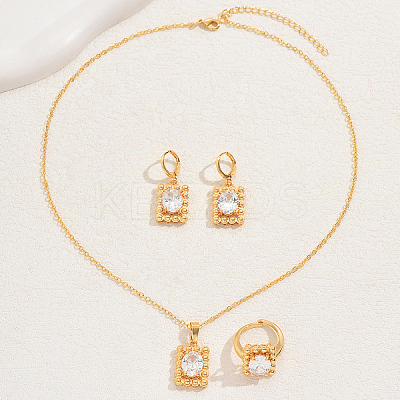 Simple and Stylish 18K Gold Plated Brass Rectangle Pendant Necklace & Hoop Earrings & Ring Set for Women WS3180-1