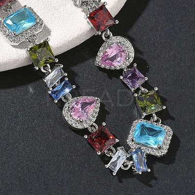 Brass Micro Pave Colorful Cubic Zirconia Rectangle & Square & Teardrop Link Chain Bracelets for Women BJEW-G764-07P-1