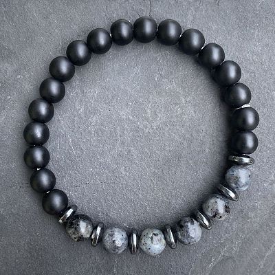 Natural Labradorite & Matte Black Obsidian Round Beads Stretch Bracelets for Men Women UT1293-4-1