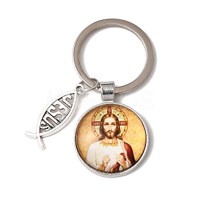 I Love Jesus Symbol Glass Pendant Keychain with Alloy Jesus Fish Charm KEYC-G058-01E-1