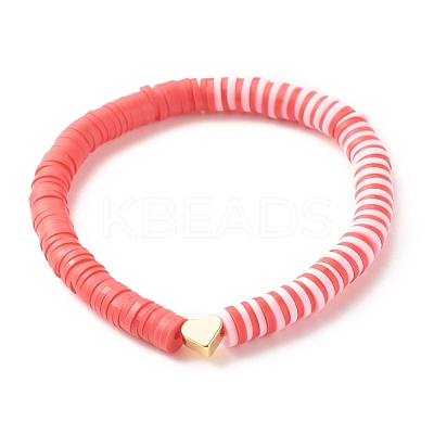 Polymer Clay Heishi Surfer Stretch Bracelet with Brass Heart BJEW-JB07850-1