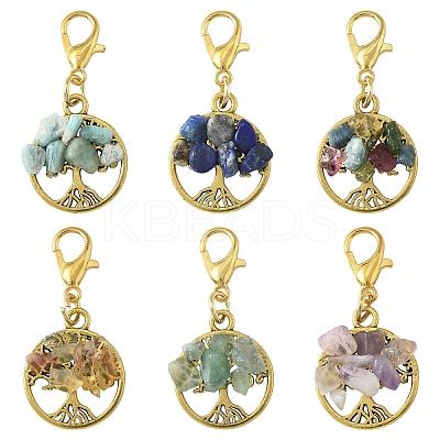 6Pcs Tree of Life Alloy & Natural Lapis Lazuli & Carnelian & Amazonite & Tourmaline & Green Aventurine & Amethyst Chips Pendant Necklaces HJEW-YW00104-1