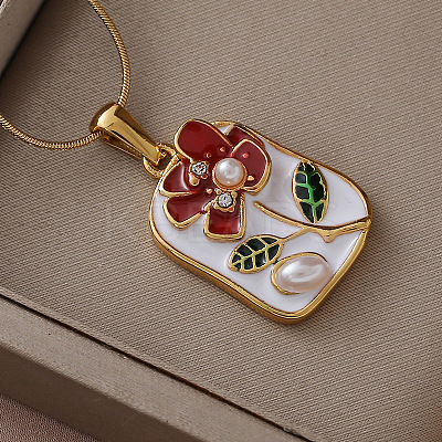 Vintage 304 Stainless Steel Enamel Flower Pendant Necklaces with Imitation Pearl for Women CU9573-1