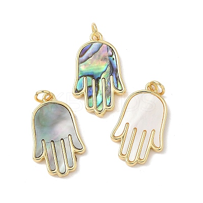 Brass Pave Natural Mixed Shell Hamsa Hand Pendants KK-L239-063G-1