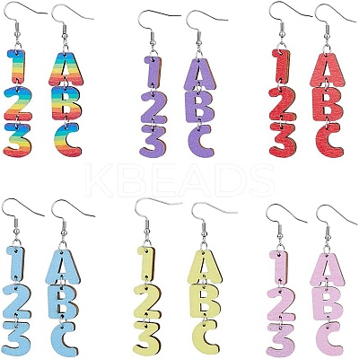 6 Sets 6 Colors Wood Dangle Earrings with Iron Pins EJEW-FI0003-27-1