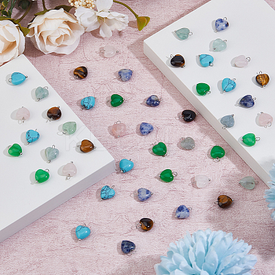 48Pcs 6 Styles Natural Rose Quartz & Blue Spot Jasper & Amethyst & Tiger Eye & Fluorite & Malaysia Jade Heart Charms with Platinum Tone Brass Loops PALLOY-DC00014-1