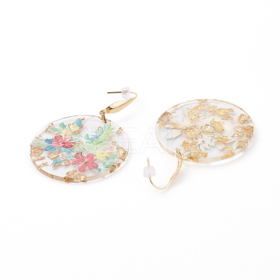 Transparent Epoxy Resin Flat Round with 3D Printed Flower Pattern Dangle Earrings EJEW-JE04580-1