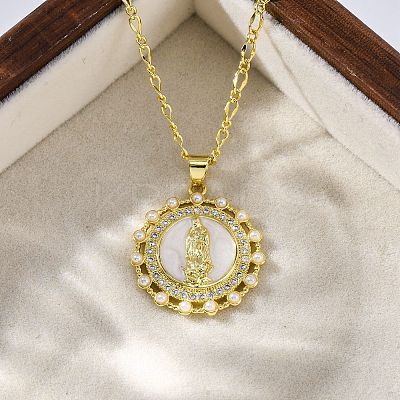 Brass Clear Cubic Zirconia Flat Round with Virgin Mary Pendant Necklaces LS-NJEW-C071-07A-G-1