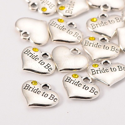 Wedding Theme Antique Silver Tone Tibetan Style Heart with Bride to Be Rhinestone Charms LS-X-TIBEP-N005-10E-1