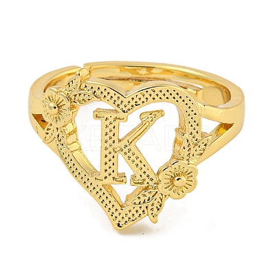 Heart with Letter & Flower Rack Plating Brass Adjustable Rings for Women RJEW-I105-05G-K-1