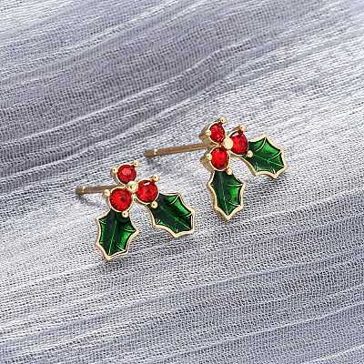 Cubic Zirconia Cherry Stud Earrings with Enamel LS-EJEW-P199-14G-1