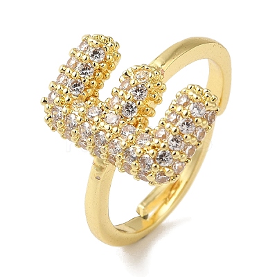 Rack Plating Letter Brass Micro Pave Clear Cubic Zirconia Adjustable Rings for Women KK-S391-03G-E-1