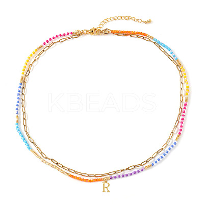 Colorful Glass Seed Beaded Initial Pendant Double Layer Necklaces QS3881-18-1