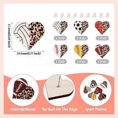 6 Pairs 6 Styles Sport Theme Wood Heart Stud Earrings EJEW-TA0001-33-1