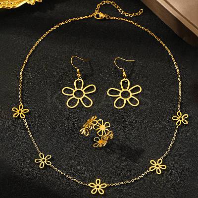 Hollow Flower 304 Stainless Steel Necklace & Dangle Earring & Cuff Ring Sets SJEW-F225-03G-1
