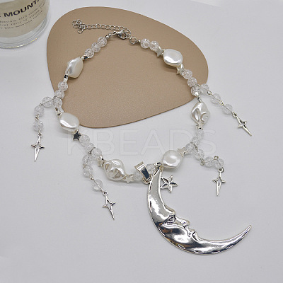 Moon Star Alloy & Silver Color Plastic Imitation Pearl Big Pendant Necklaces for Women FS-WG21961-01-1