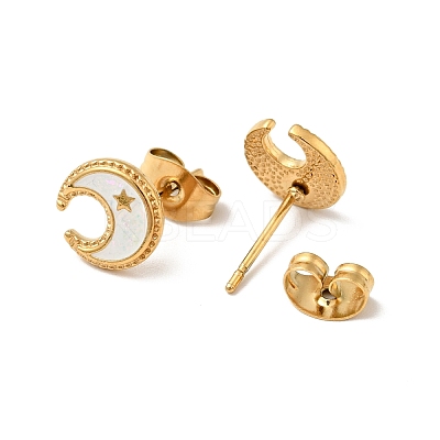 Ion Plating(IP) Enamel Crescent Moon with Star Stud Earrings with 316 Surgical Stainless Steel Pins EJEW-A081-09G-1