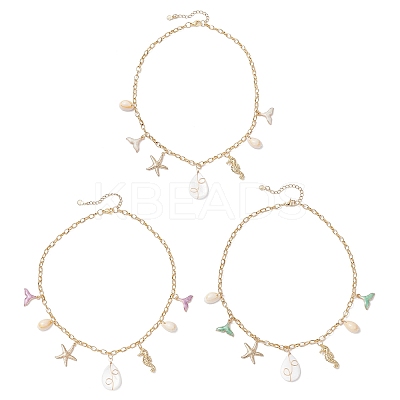 3Pcs 3 Styles Alloy Enamel Whale Tail Starfish & Natural Shell Teardrop Pendant 304 Stainless Steel Cable Chain Necklaces for Women NJEW-JN05407-1