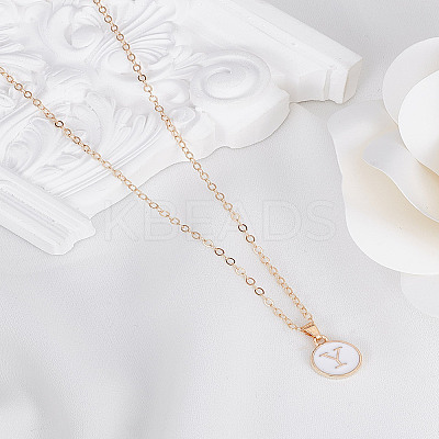 1Pc Zinc Alloy White Enamel Round with Letter Pendant Necklaces NJEW-LP0002-88G-Y-1