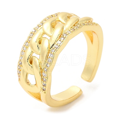 Rack Plating Brass Curb Chains Shape Open Cuff Ring with Cubic Zirconia RJEW-R138-01G-1