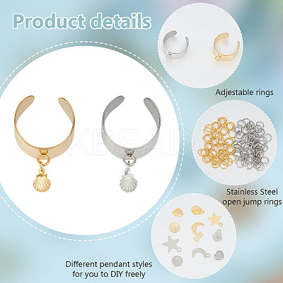 DIY Moon & Star & Shell & Heart Charms Cuff Ring Making Kits DIY-DR0001-23-1