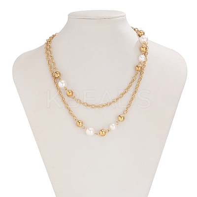 Alloy & Plastic Imitation Pearl White Round Beads Handmade Link Chain Long Necklaces for Women FS-WG575FB-01-1