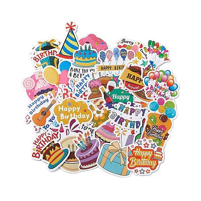 50Pcs 50 Styles Birthday Theme Cartoon Paper Sticker Label Set STIC-P004-15-1
