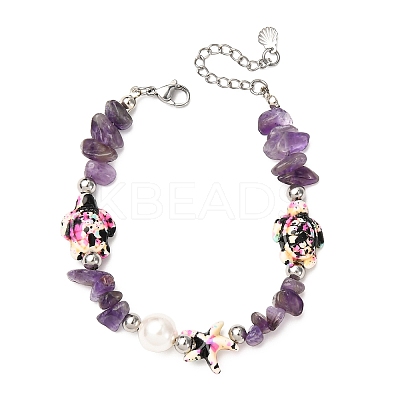 Natural Amethyst Chip Beads & Synthetic Turquoise Beaded Bracelets for Women BJEW-JB12416-01-1