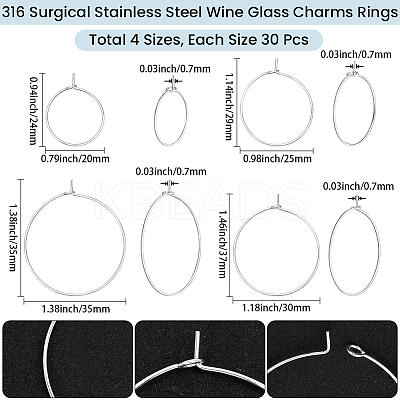 120Pcs 4 Styles 316 Surgical Stainless Steel Wine Glass Charms Rings STAS-BBC0009-37S-1