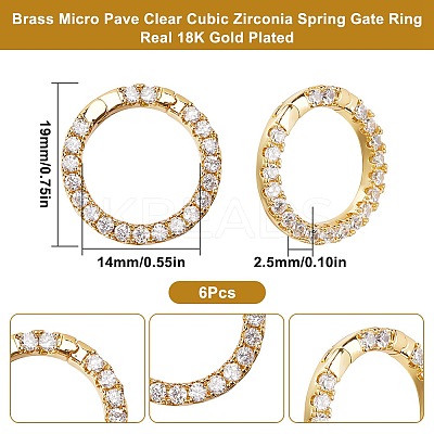 6Pcs Rack Plating Brass Micro Pave Clear Cubic Zirconia Spring Gate Ring ZIRC-SC0001-30-1