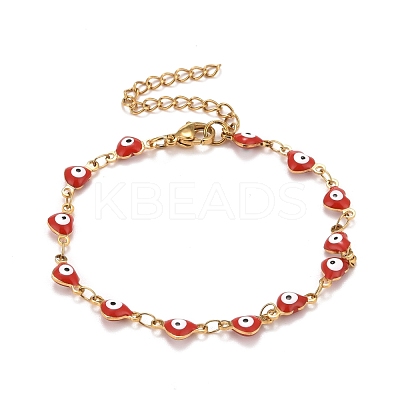 Enamel Heart with Evil Eye Link Chains Bracelet BJEW-P271-07G-01-1