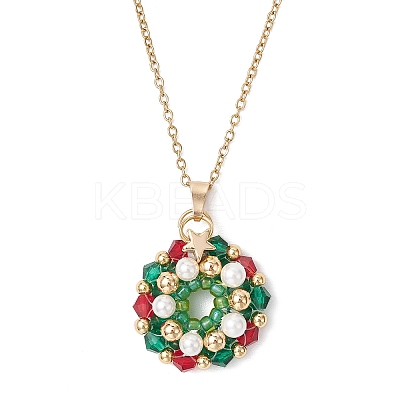 Glass Seed Beads & Shell Pearl Beaded Christmas Wreath Pendant 304 Stainless Steel Cable Chain Necklaces NJEW-MZ00121-1