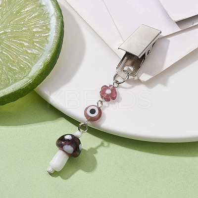 Iron ID Card Clips with Handmade Lampwork Mushroom & Evil Eye JEWB-BR00126-03-1