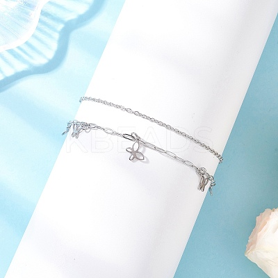 2Pcs 2 Styles 304 Stainless Steel Cable Chain Paperclip Chain Charm Double Layer Anklets for Women AJEW-AN00740-01-1