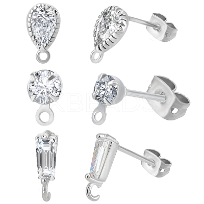 30Pcs 3 Style Teardrop & Trapezoid Shape Brass with Clear Cubic Zirconia Stud Earring Findings KK-BBC0013-56-1