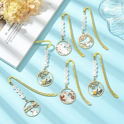 Chinese Style Rabbit Alloy Enamel Pendant Bookmarks AJEW-JK00230-1