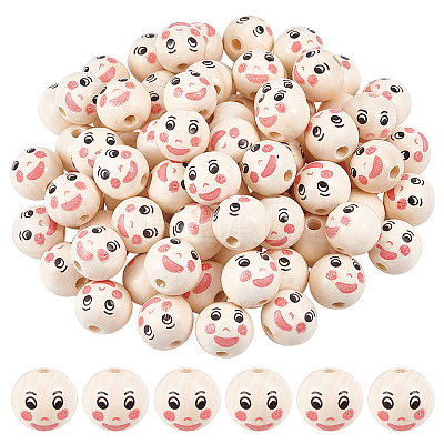 80Pcs Printed Wood European Beads WOOD-PH0002-82-1
