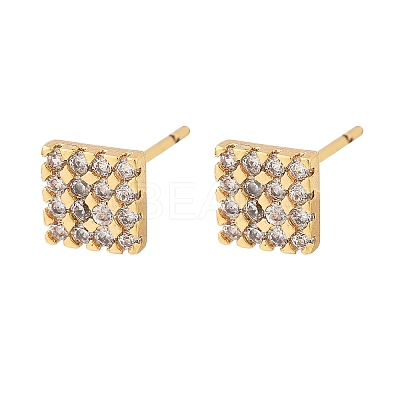 Square Brass Micro Pave Clear Cubic Zirconia Stud Earrings for Women EJEW-G428-12G-01-1