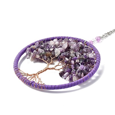 Wire Wrapped Chips Natural Amethyst Big Pendant Decorations LS-HJEW-A005-03-1