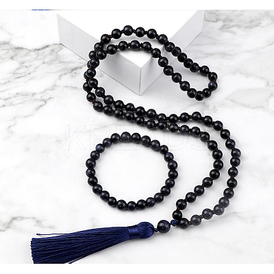 Synthetic Blue Goldstone Round Beaded Pendant Necklaces & Bracelets Sets FS-WG9D102-25-1