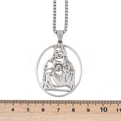201 Stainless Steel Oval with Hollow Juses Pendant Necklaces LS-NJEW-K283-05P-1