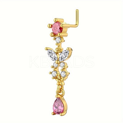 Brass Pave Hot Pink Cubic Zirconia Dangle L-Shaped Nose Rings FS-WG9779A-04-1