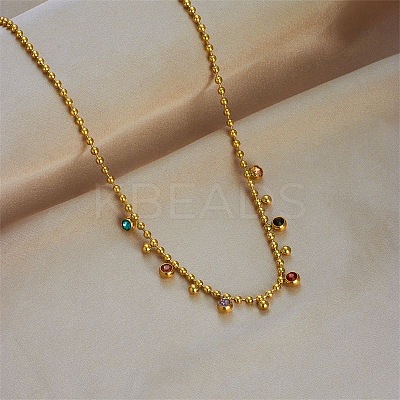 316 Surgical Stainless Steel Pave Colorful Cubic Zirconia Ball Chain Flat Round Tassel Necklaces FS-WGDEC77-01-1