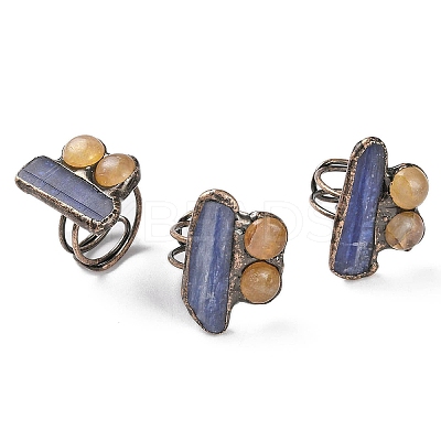 Rectangle & Round Natural Kyanite & Yellow Hematoid Quartz/Golden Healer Quartz Adjustable Rings RJEW-A041-03R-1